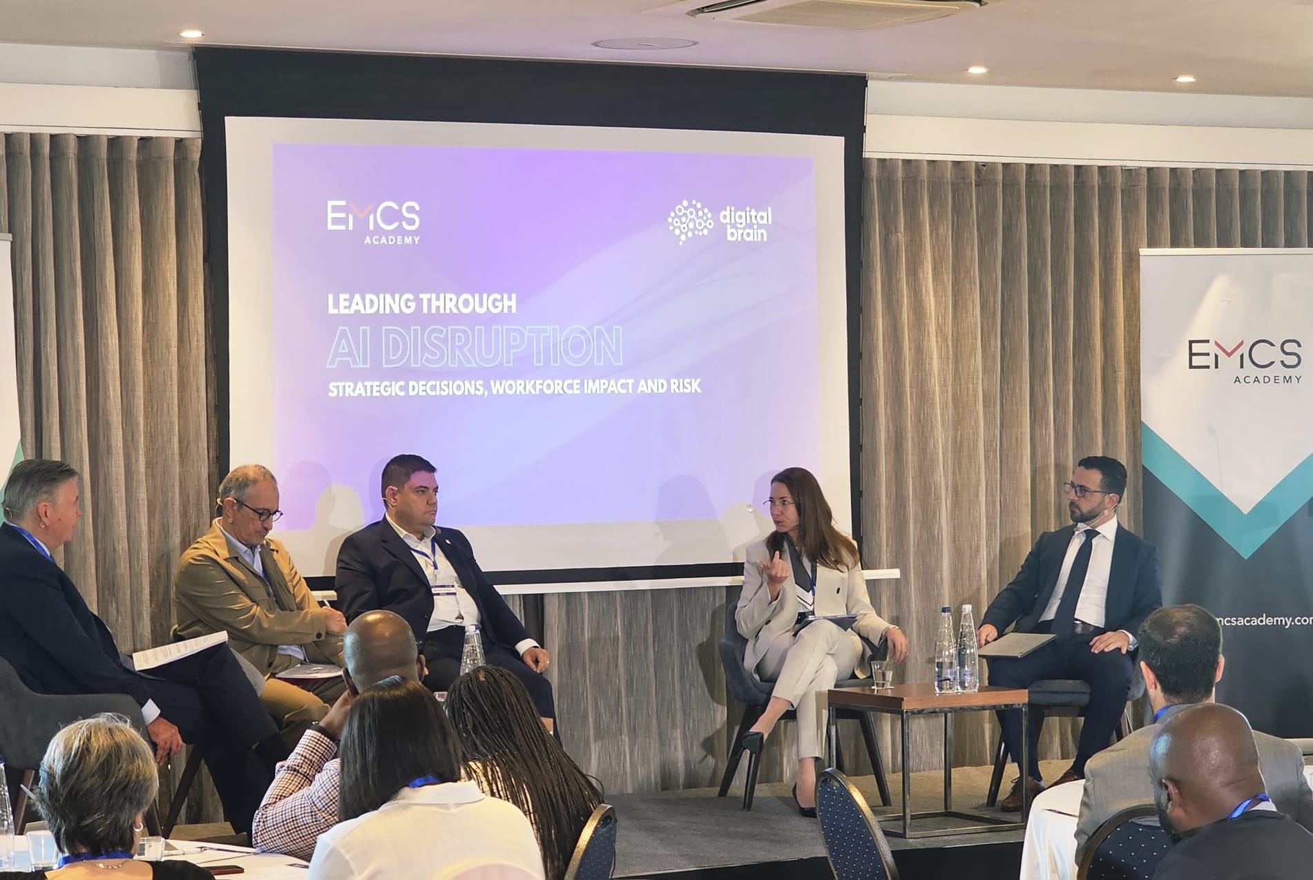 Alison Micallef, CEO of Malta Development Bank, speaking on the panel at Leading Through AI Disruption
